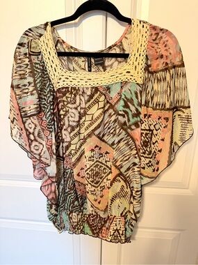 new directions Crochet-Trim Patchwork Blouse in Pastel Pink, Mint, Cream & Brown